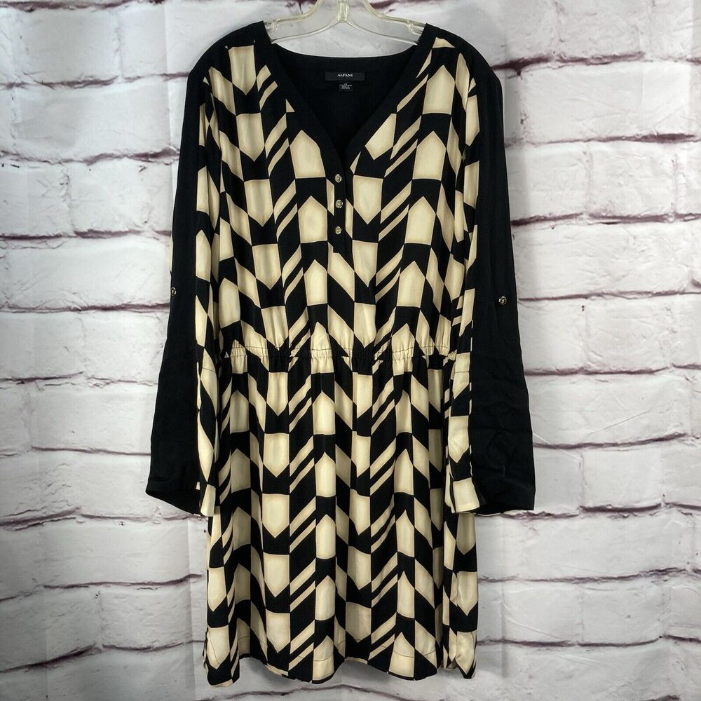 Alfani Shift Dress Womens SZ 14 Autumn Blush Geo Stripe Gold V Neck Long Sleeves